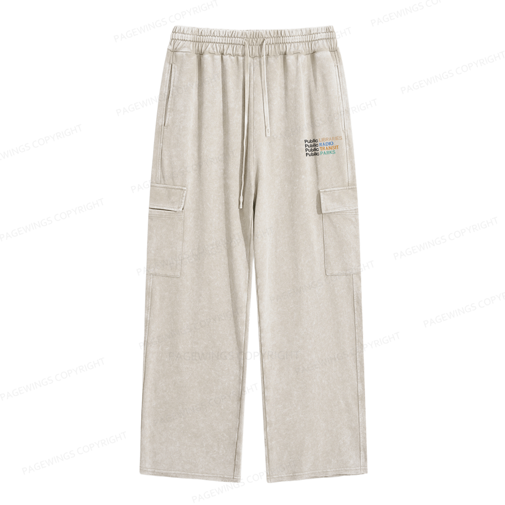 Pagewings Public Libraries Radio Transit Parks Unisex Washed Cargo Sweatpants