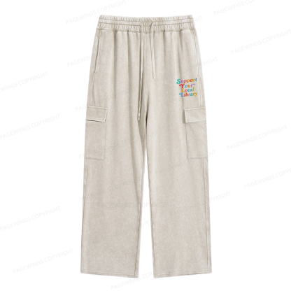 Pagewings Support Your Local Library Unisex Washed Cargo Sweatpants