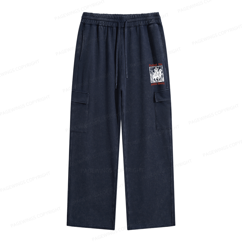 Pagewings Defend the Public Library Unisex Washed Cargo Sweatpants