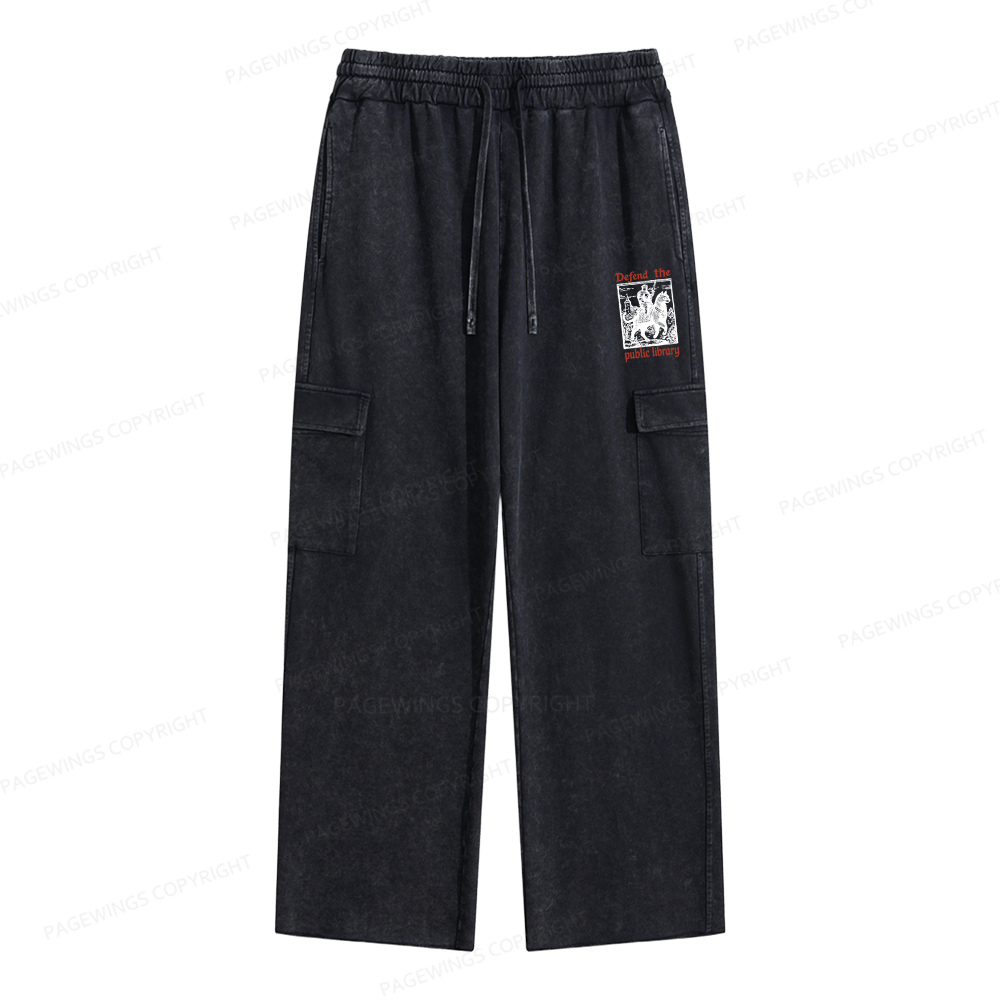 Pagewings Defend the Public Library Unisex Washed Cargo Sweatpants
