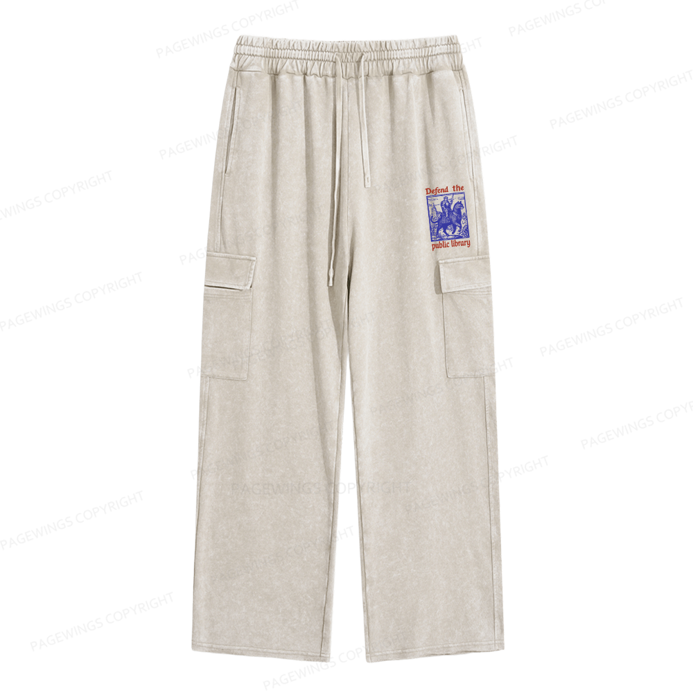 Pagewings Defend the Public Library Unisex Washed Cargo Sweatpants