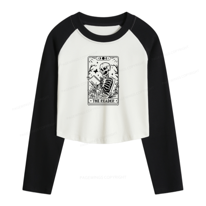 Pagewings Halloween The Reader Tarot Card Women Long Sleeve Crop Raglan T-shirt