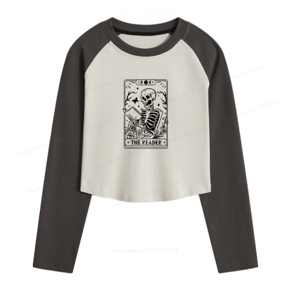 Pagewings Halloween The Reader Tarot Card Women Long Sleeve Crop Raglan T-shirt