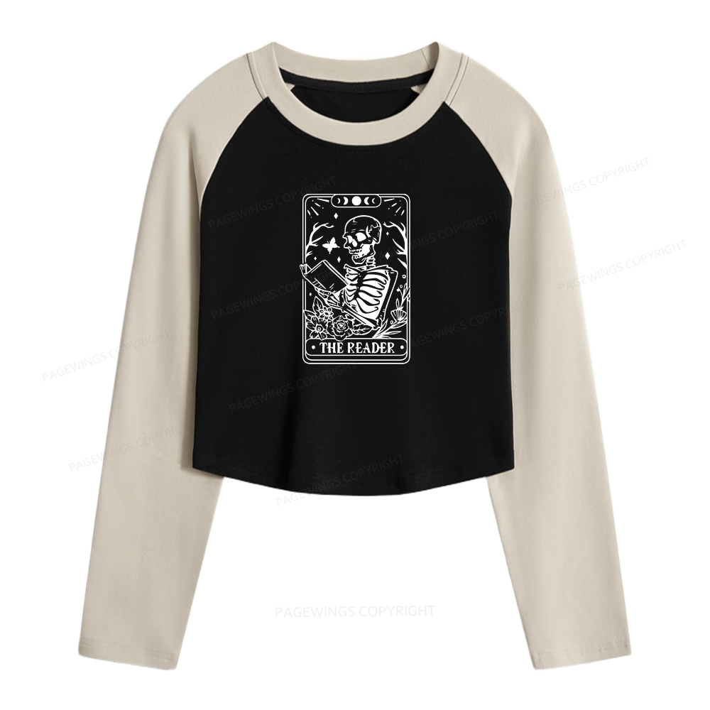 Pagewings Halloween The Reader Tarot Card Women Long Sleeve Crop Raglan T-shirt