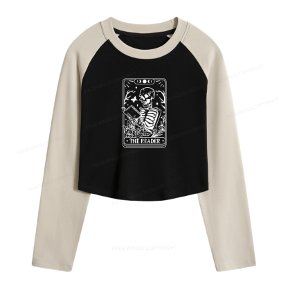 Pagewings Halloween The Reader Tarot Card Women Long Sleeve Crop Raglan T-shirt
