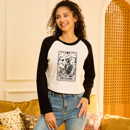 Pagewings Halloween The Reader Tarot Card Women Long Sleeve Crop Raglan T-shirt