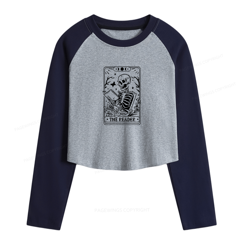 Pagewings Halloween The Reader Tarot Card Women Long Sleeve Crop Raglan T-shirt