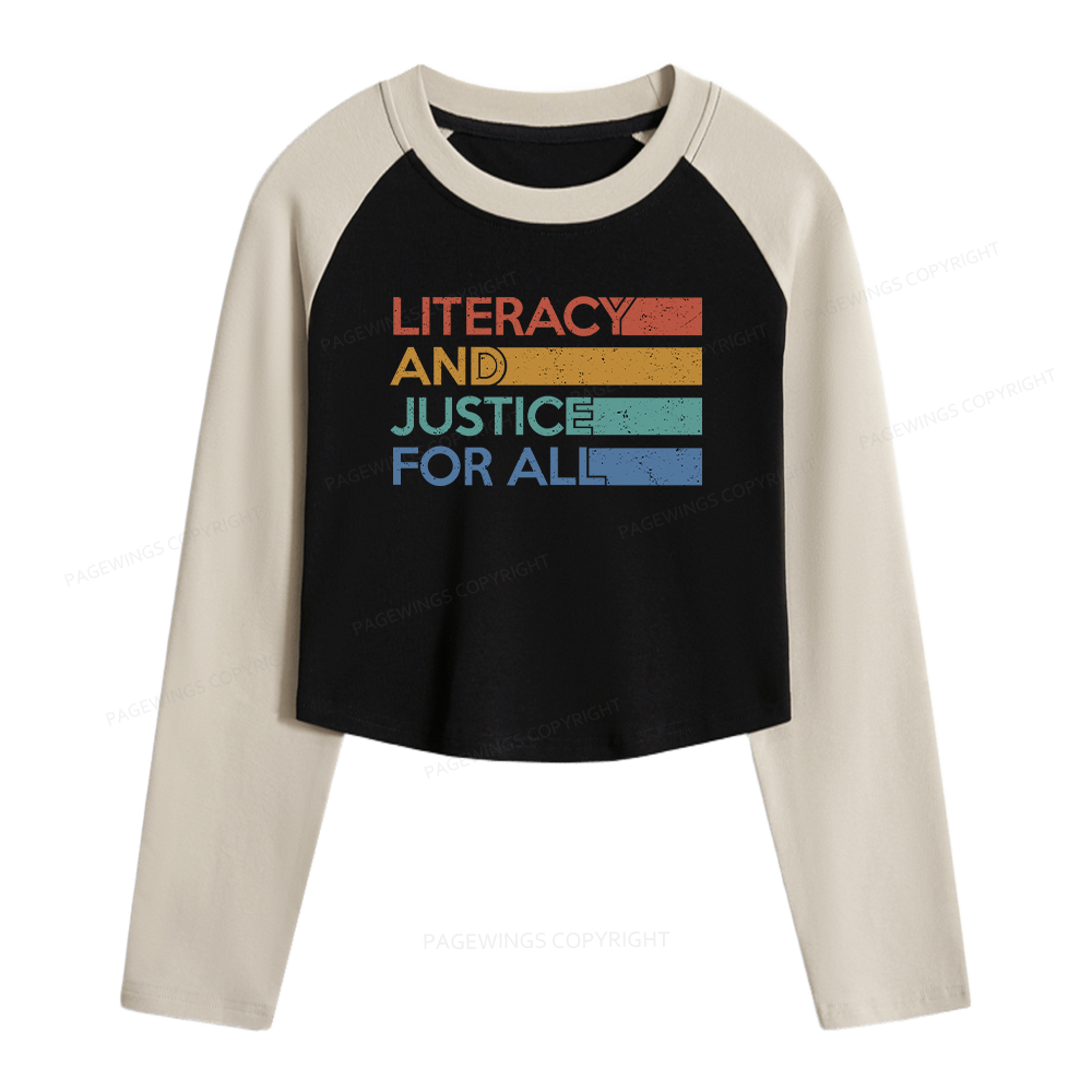 Pagewings Literacy and Justice For All Women Long Sleeve Crop Raglan T-shirt