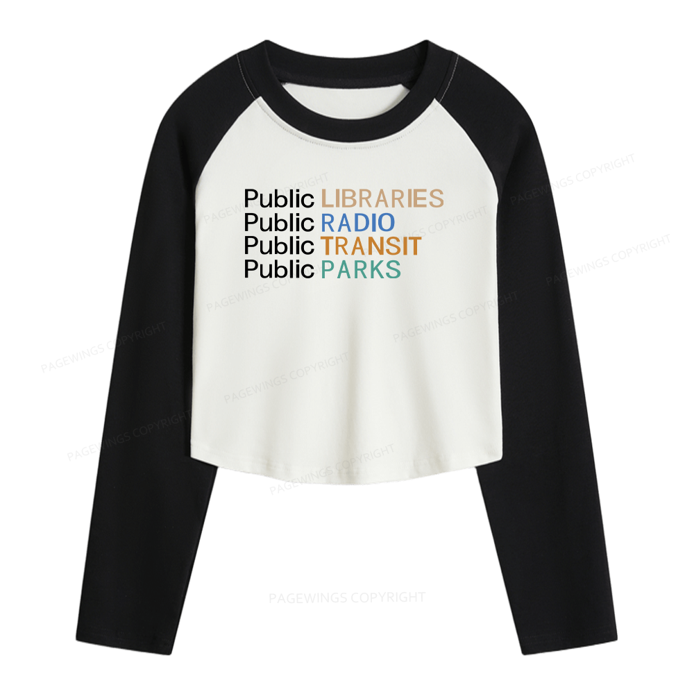 Pagewings Public Libraries Radio Transit Parks Women Long Sleeve Crop Raglan T-shirt