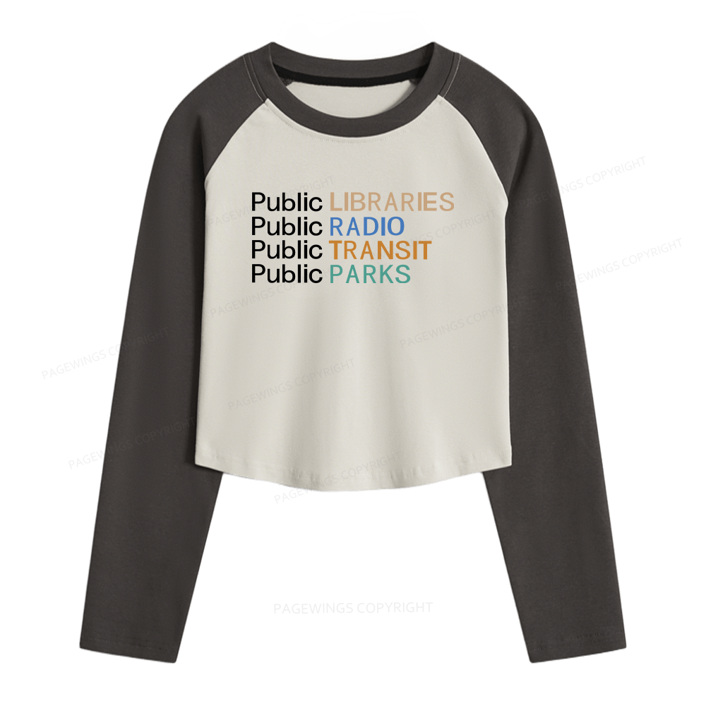 Pagewings Public Libraries Radio Transit Parks Women Long Sleeve Crop Raglan T-shirt