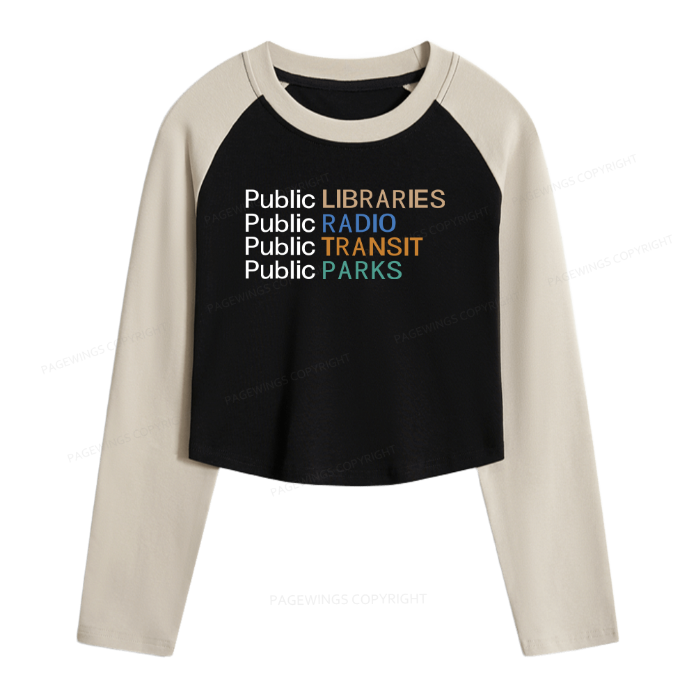 Pagewings Public Libraries Radio Transit Parks Women Long Sleeve Crop Raglan T-shirt