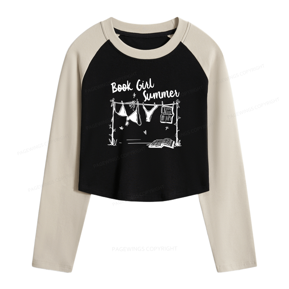 Pagewings Book Girl Summer Bookish Women Long Sleeve Crop Raglan T-shirt