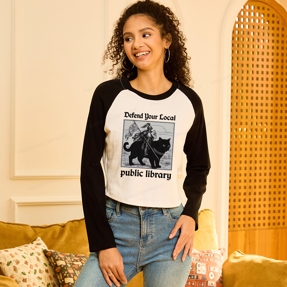Pagewings Defend Your Local public library Women Long Sleeve Crop Raglan T-shirt