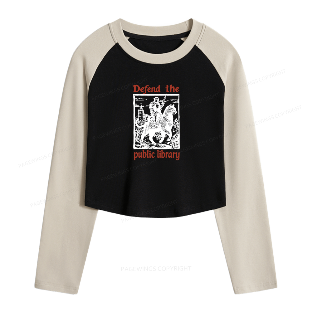 Pagewings Defend the Public Library Women Long Sleeve Crop Raglan T-shirt