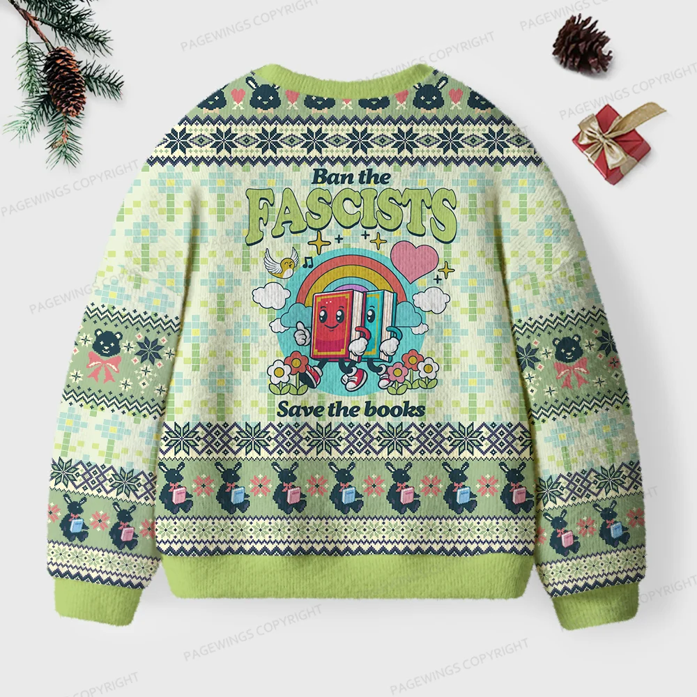 Pagewings Ban The Fascists Save The Books Unisex Ugly Knit Sweatshirt