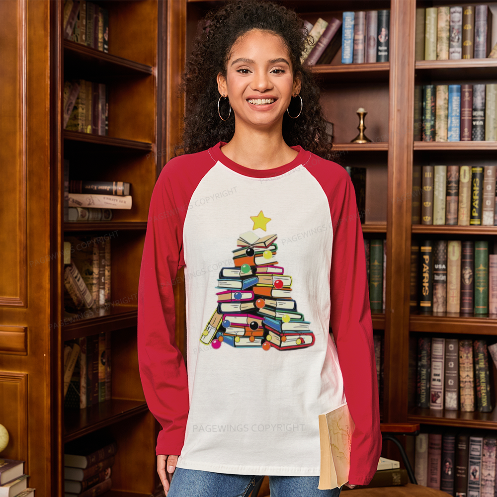 Pagewings Christmas Tree Bookworm Long Sleeve Raglan T-shirt