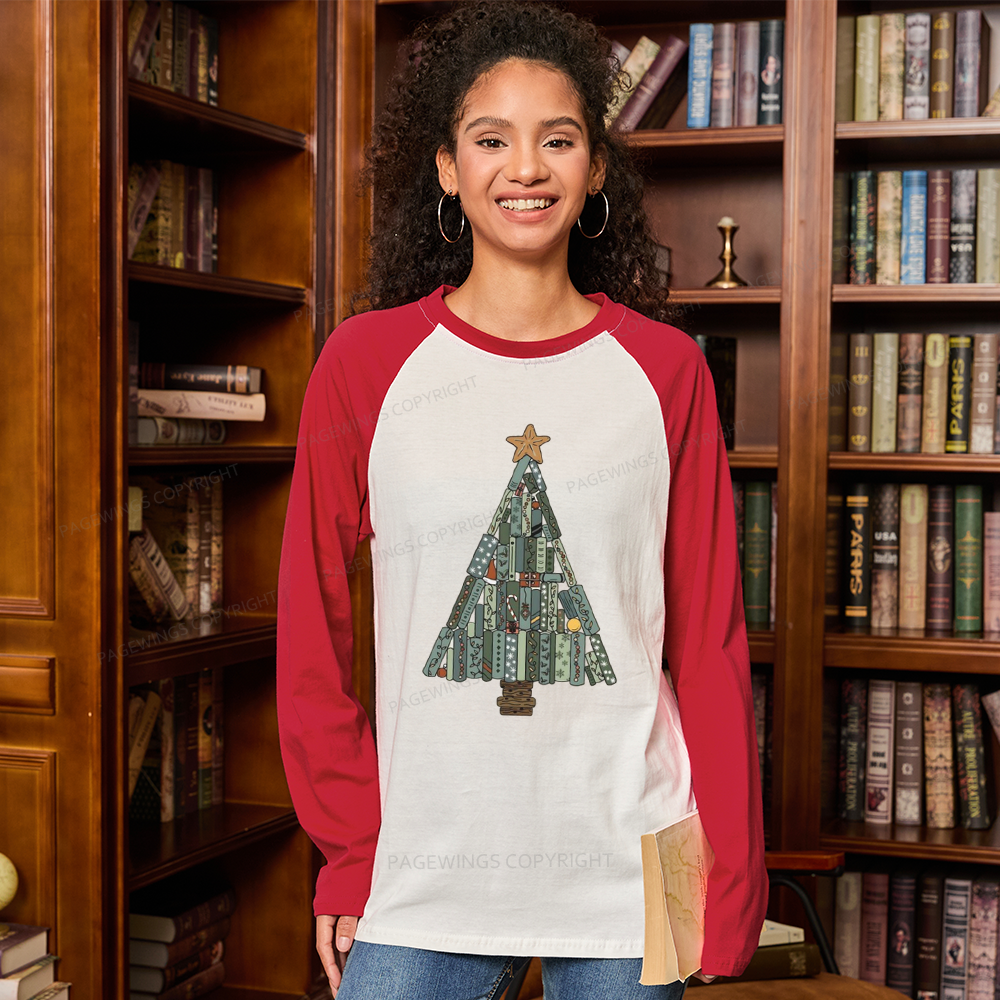 Pagewings Christmas Book Tree Long Sleeve Raglan T-shirt