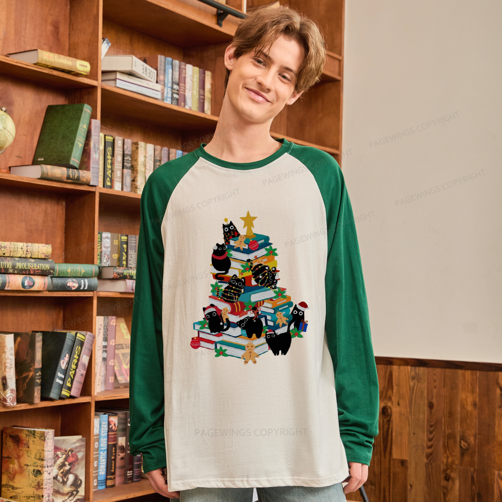 Pagewings Cute Cats Books Christmas Long Sleeve Raglan T-shirt