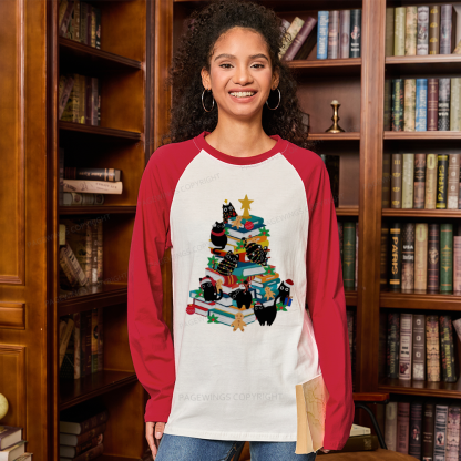 Pagewings Cute Cats Books Christmas Long Sleeve Raglan T-shirt