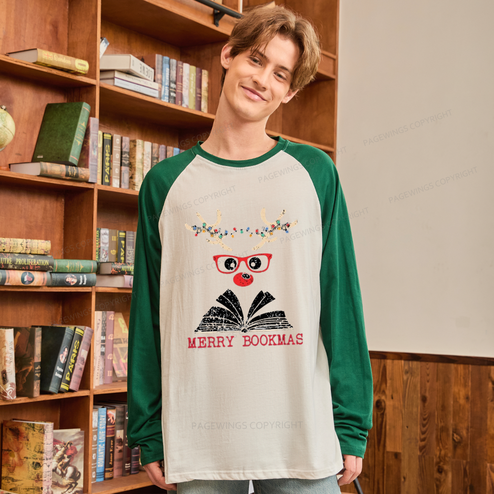 Pagewings Christmas Reindeer Reading Long Sleeve Raglan T-shirt