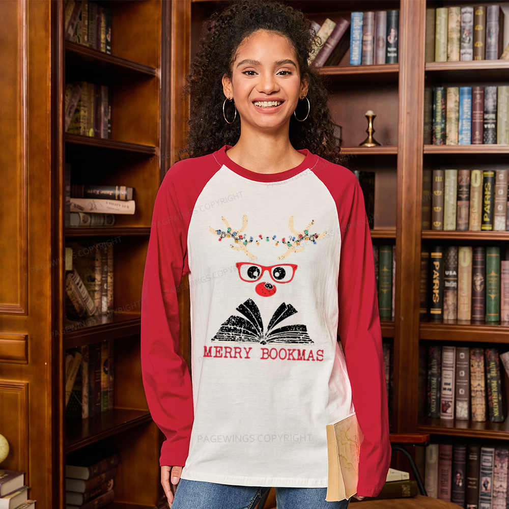 Pagewings Christmas Reindeer Reading Long Sleeve Raglan T-shirt
