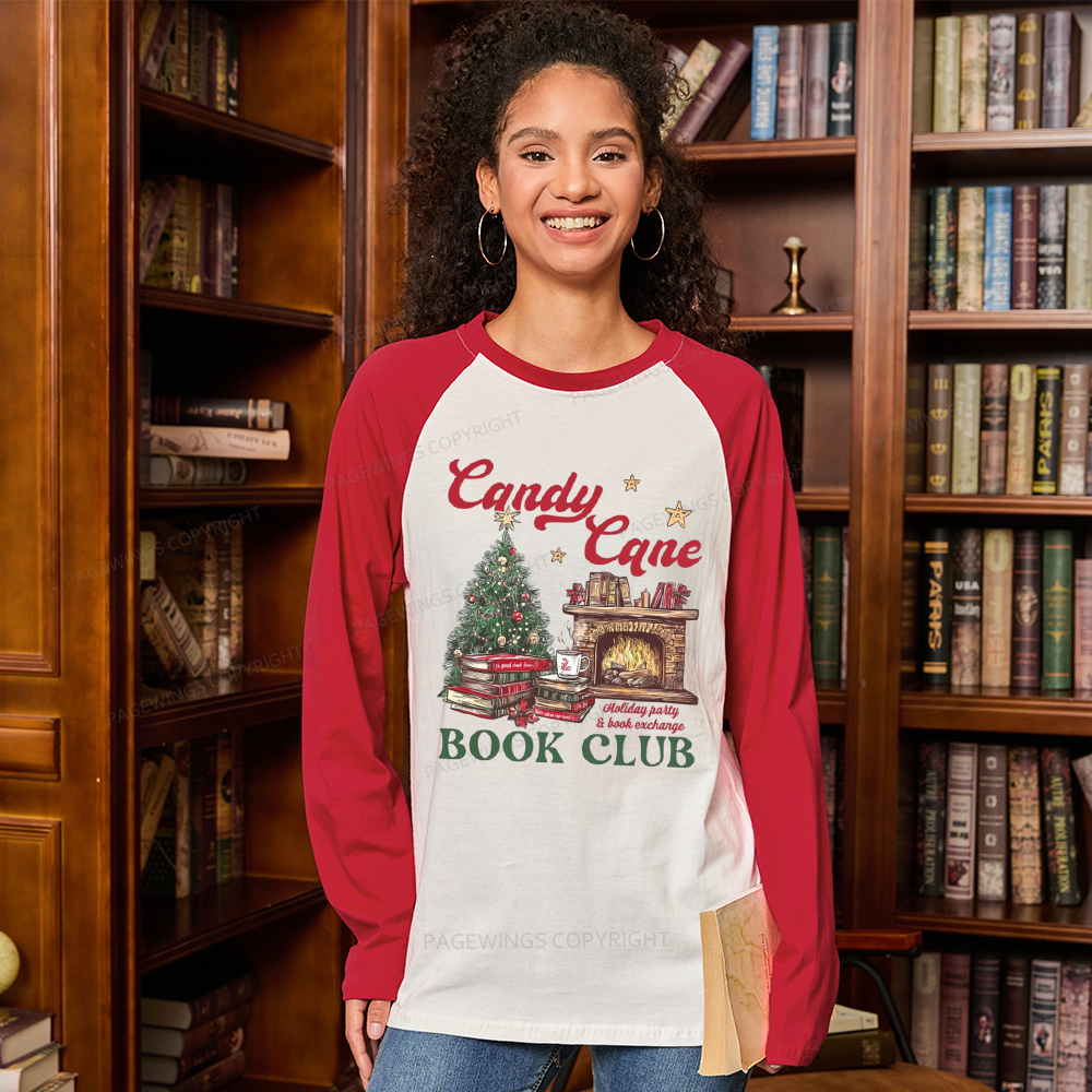 Pagewings Candy Cane Christmas Book Club Long Sleeve Raglan T-shirt