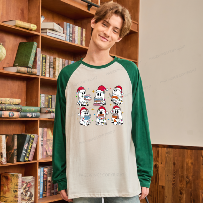 Pagewings Christmas Book Ghost Long Sleeve Raglan T-shirt