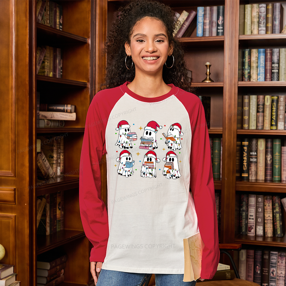 Pagewings Christmas Book Ghost Long Sleeve Raglan T-shirt