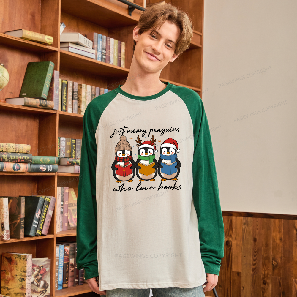 Pagewings Just Merry Penguins Who Love Books Long Sleeve Raglan T-shirt