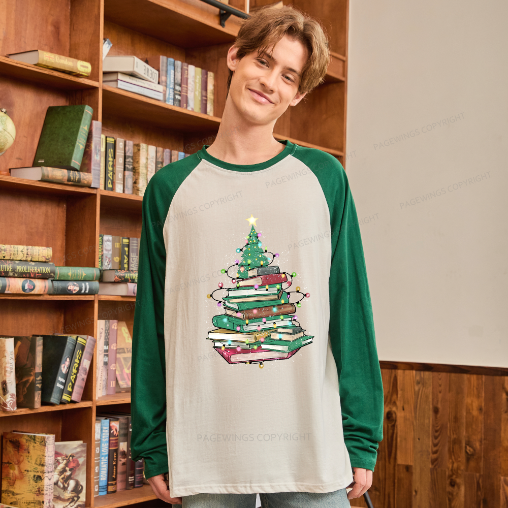 Pagewings Christmas Book Tree Long Sleeve Raglan T-shirt