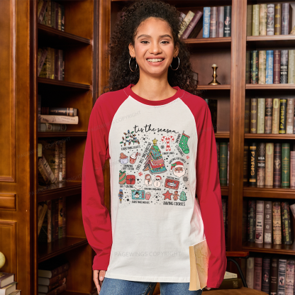 Pagewings Book Lover Retro Christmas Long Sleeve Raglan T-shirt