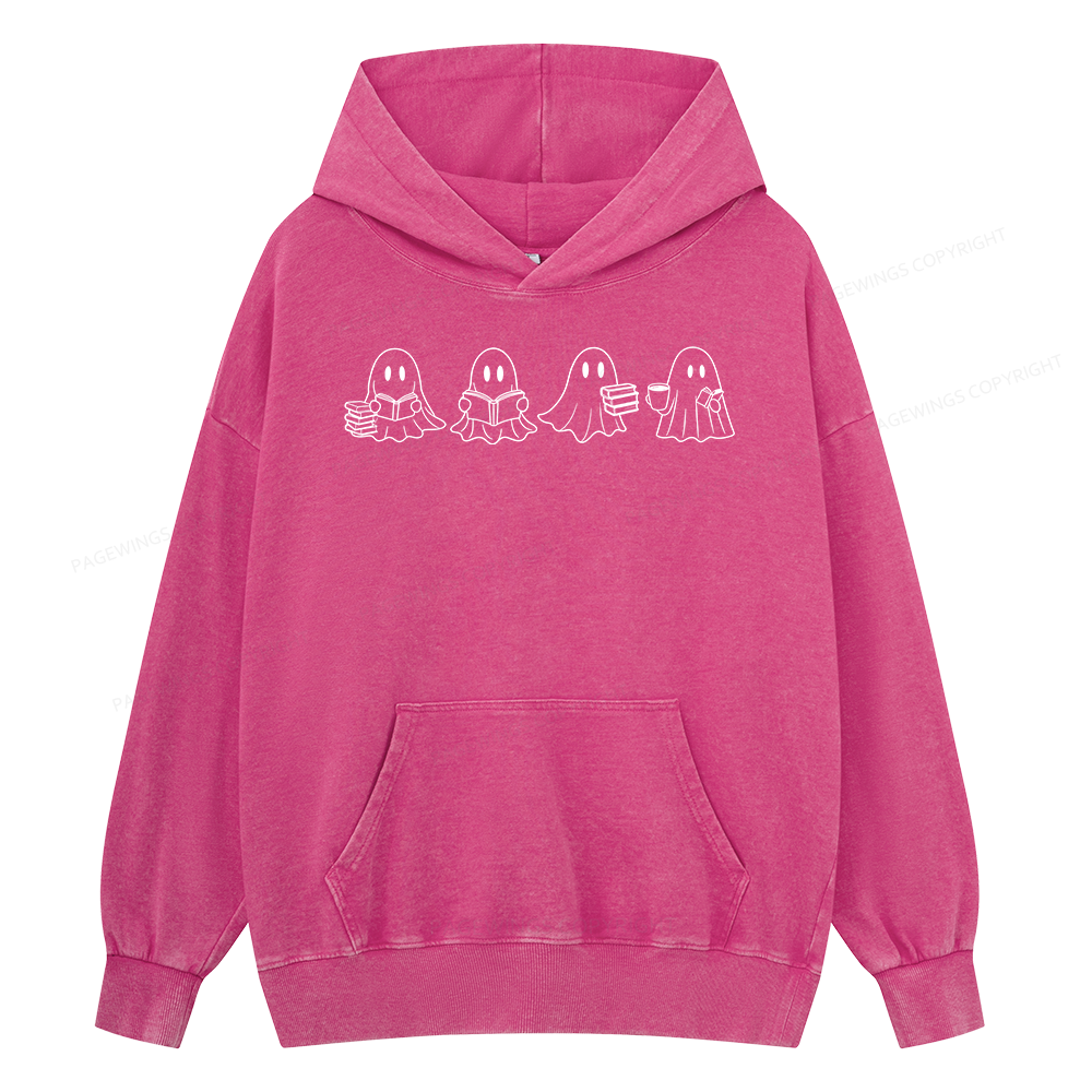 Pagewings Halloween Cute Ghost Reading Books Unisex Washed Hoodie