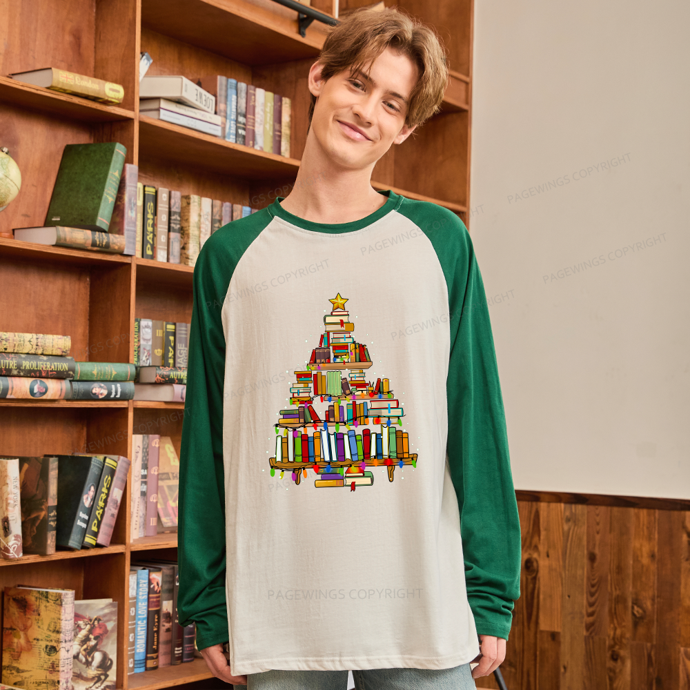Pagewings Christmas Books Tree Long Sleeve Raglan T-shirt