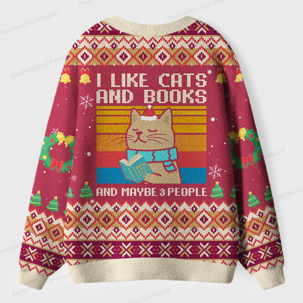 Pagewings I Like Cats And Books And Maybe 3 People Unisex Ugly Cardigan Sweaters