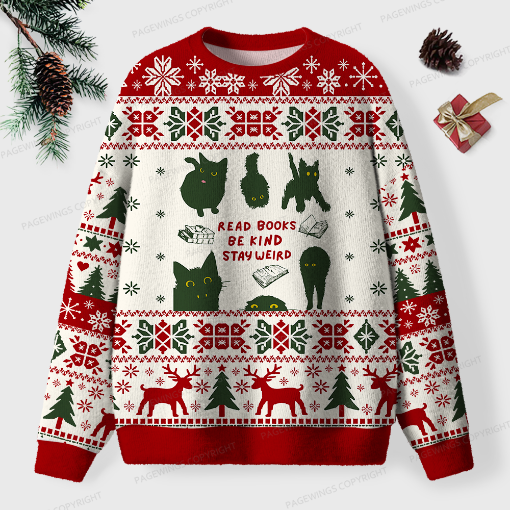 Pagewings Read Books Be Kind Stay Weird Unisex Ugly Knit Sweatshirt