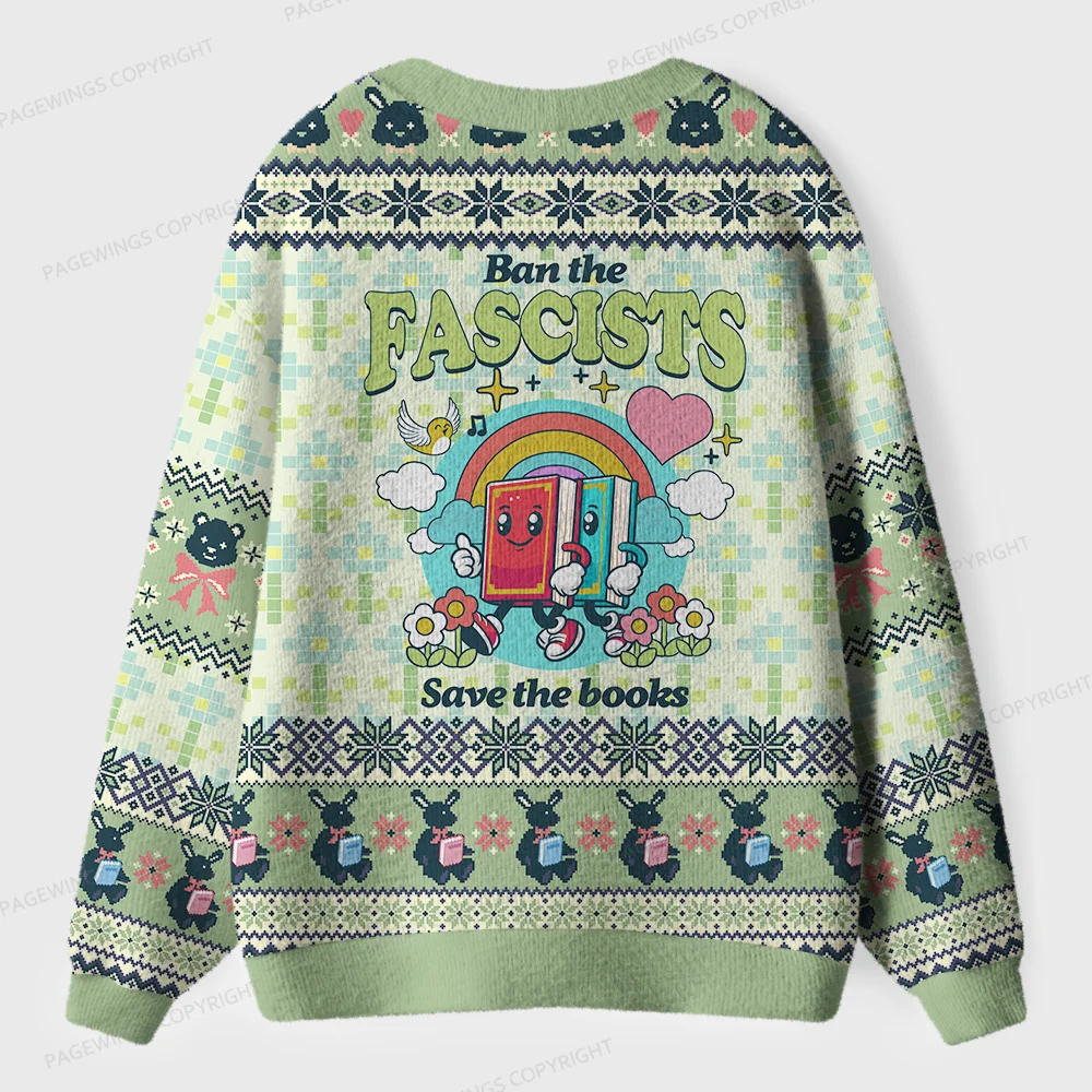 Pagewings Ban The Fascists Save The Books Unisex Ugly Cardigan Sweaters