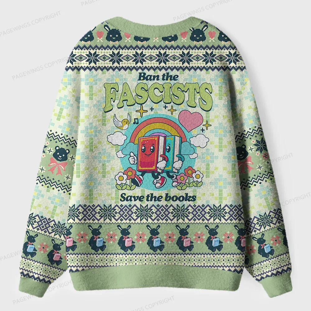 Pagewings Ban The Fascists Save The Books Unisex Ugly Cardigan Sweaters