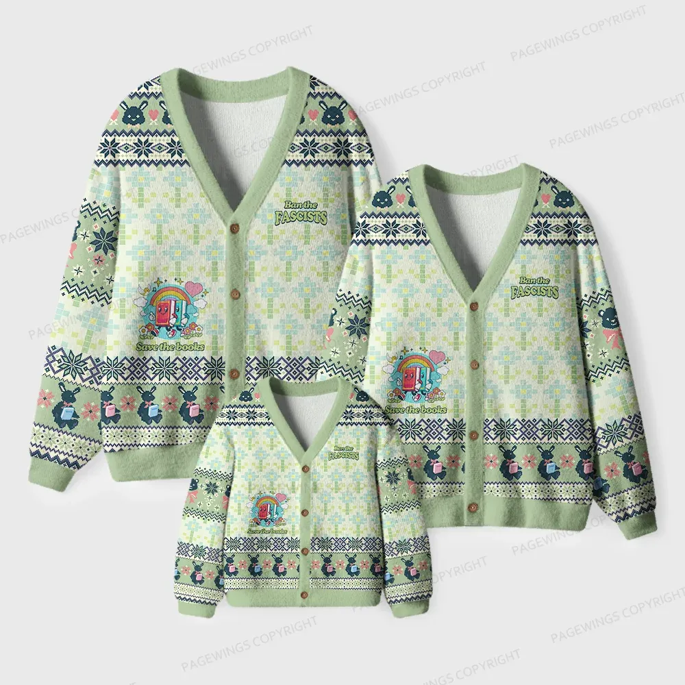 Pagewings Ban The Fascists Save The Books Unisex Ugly Cardigan Sweaters
