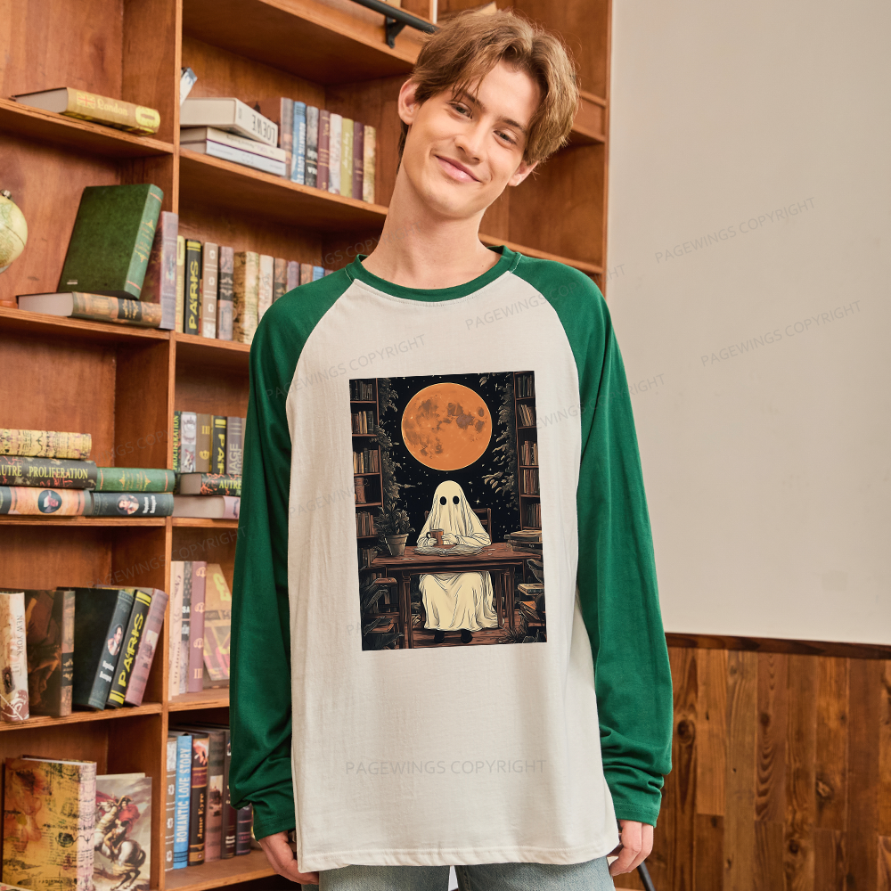Pagewings Halloween Ghost Books Coffee  Long Sleeve Raglan T-shirt