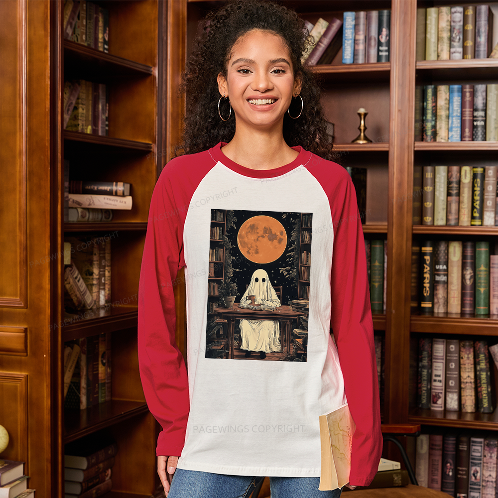 Pagewings Halloween Ghost Books Coffee  Long Sleeve Raglan T-shirt