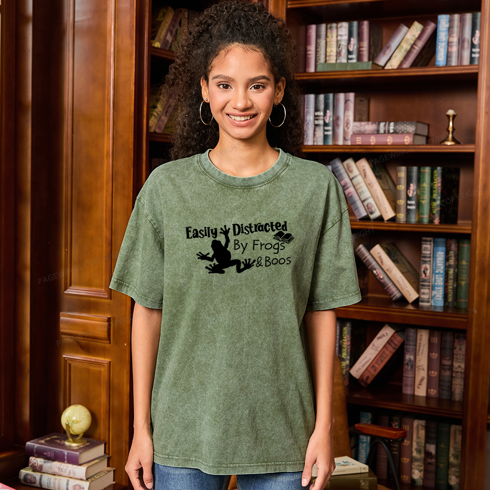 Pagewings Easily Distracted by Frogs& books Unisex Washed T-shirt
