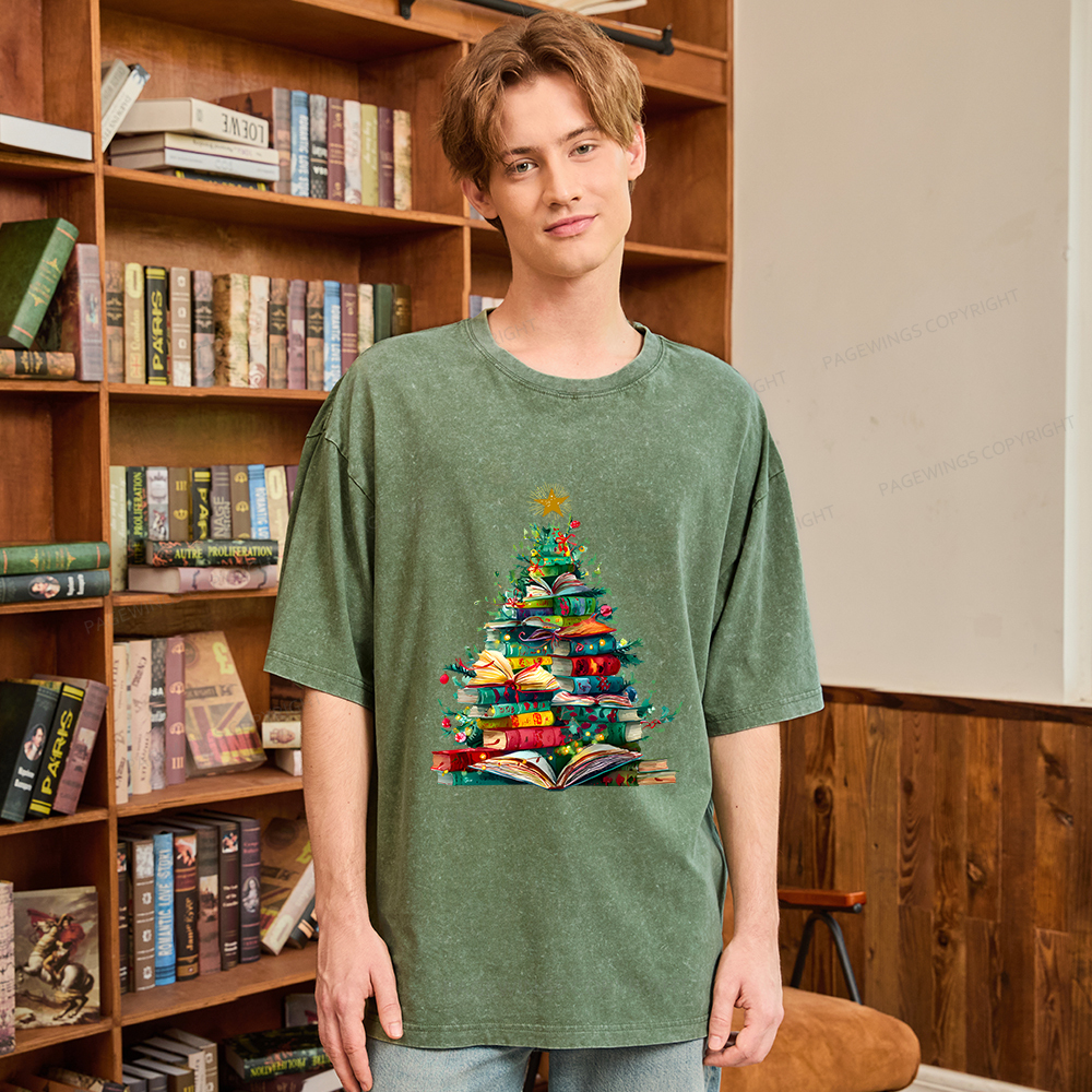 Pagewings Christmas Book Tree Unisex Washed T-shirt