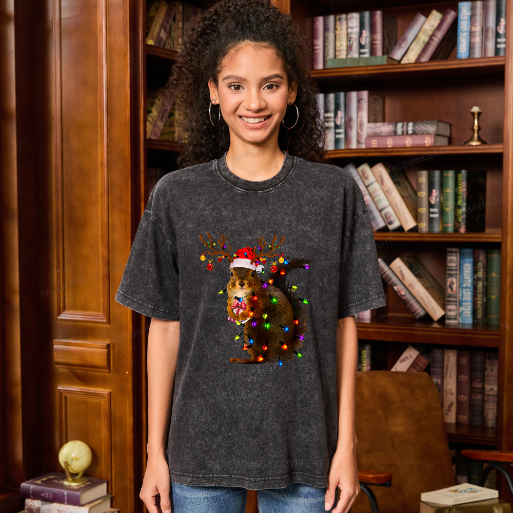 Pagewings Christmas Squirrel Lights Unisex Washed T-shirt