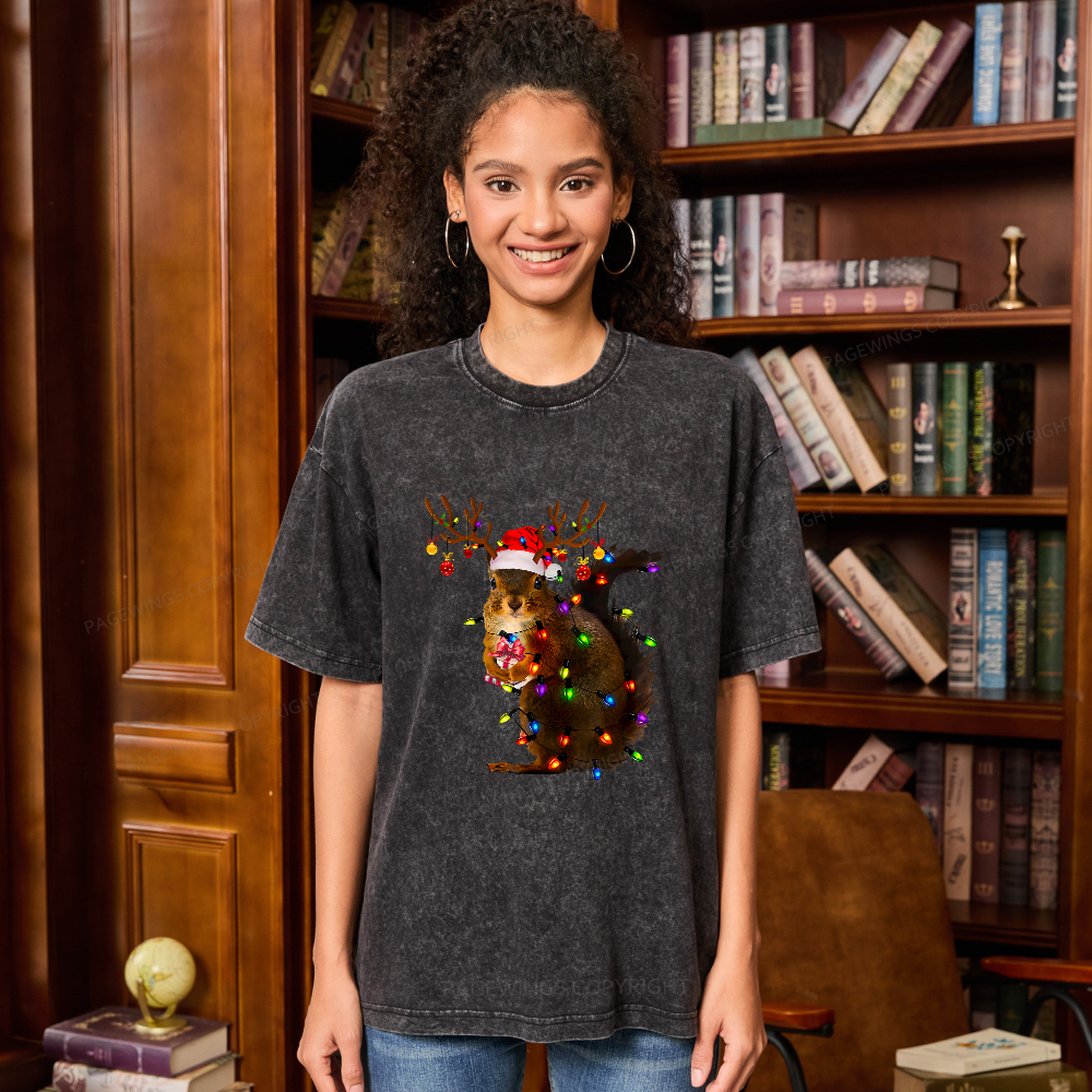 Pagewings Christmas Squirrel Lights Unisex Washed T-shirt