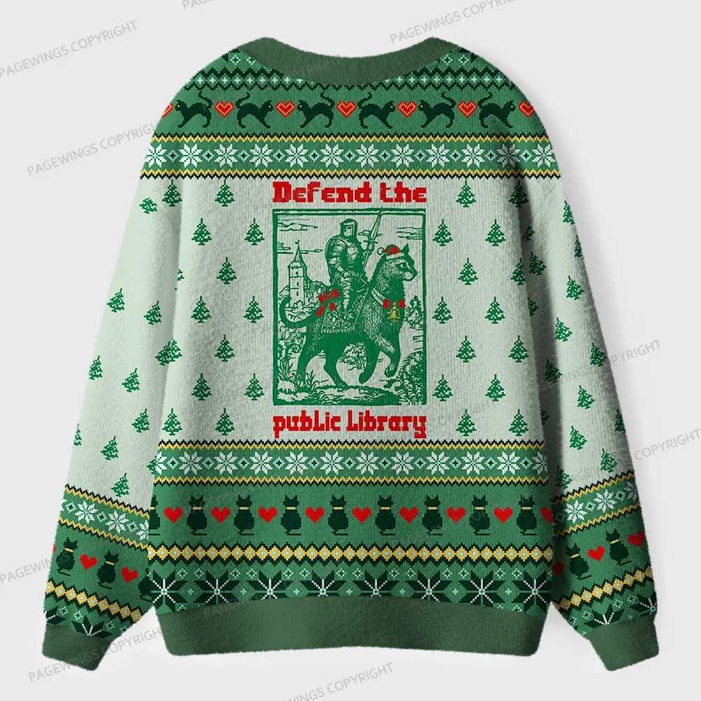 Pagewings Defend The Public Library Unisex Ugly Cardigan Sweaters