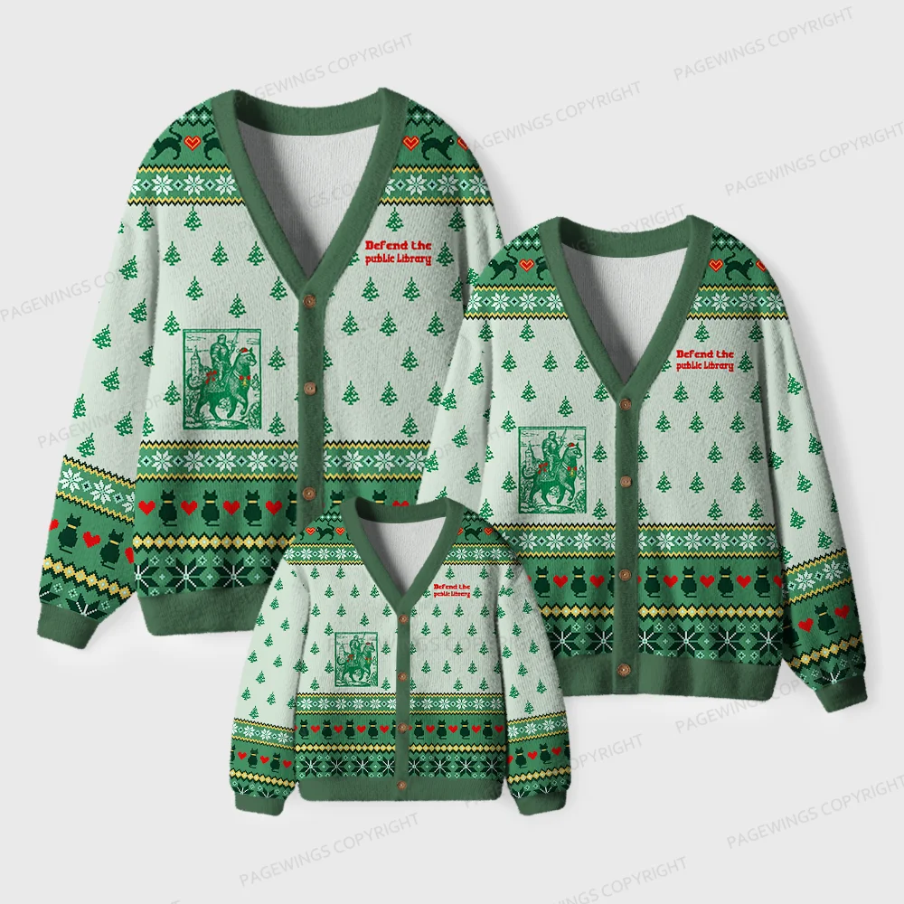 Pagewings Defend The Public Library Unisex Ugly Cardigan Sweaters