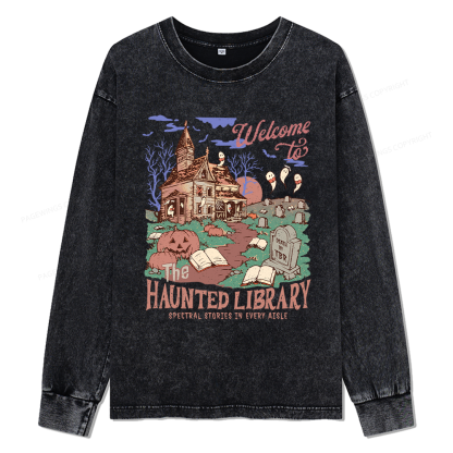 Pagewings Welcome To The Haunted Library Unisex Washed Long Sleeve T-shirt