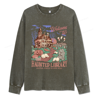 Pagewings Welcome To The Haunted Library Unisex Washed Long Sleeve T-shirt