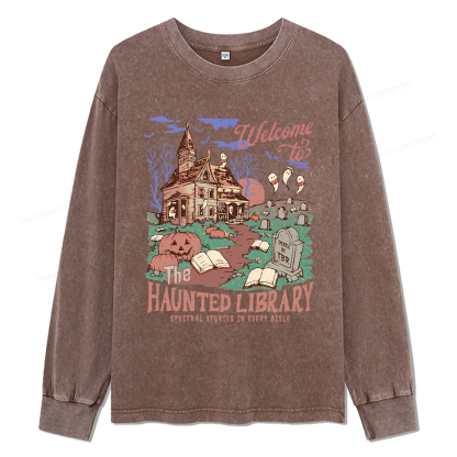 Pagewings Welcome To The Haunted Library Unisex Washed Long Sleeve T-shirt