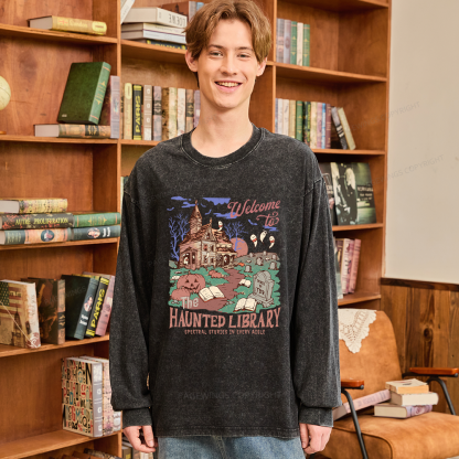 Pagewings Welcome To The Haunted Library Unisex Washed Long Sleeve T-shirt